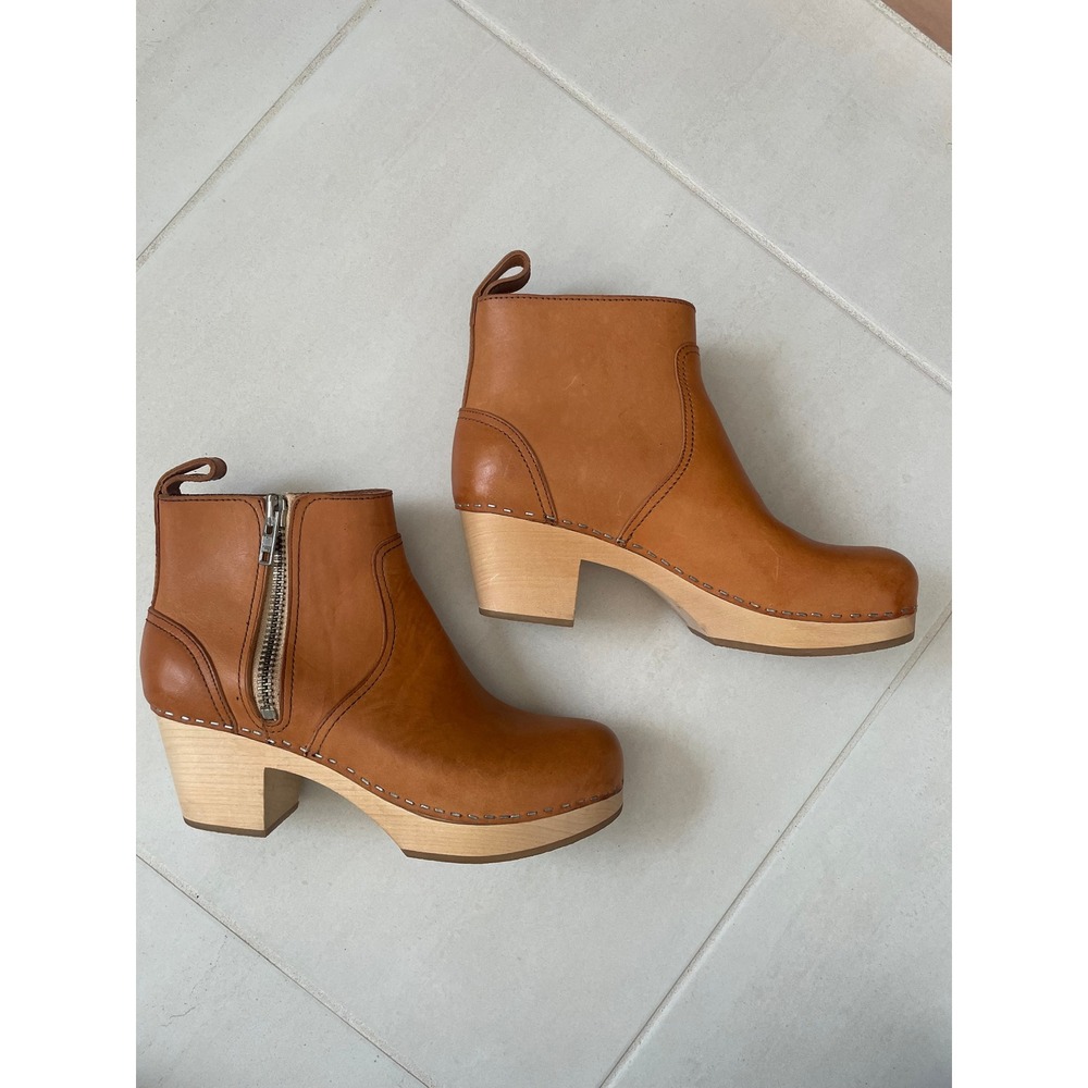 Swedish Hasbeens Zip It Emy Clog Boots Womens 39 Nature Tan Leather Wood Heel